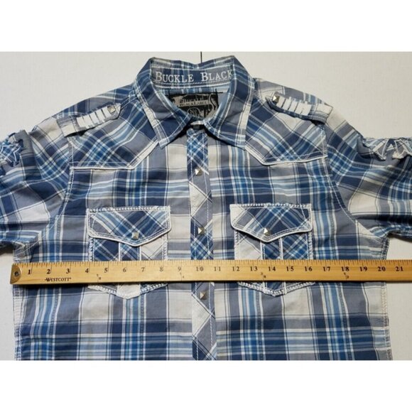 Buckle Black Long Sleeve Pyramid Snap Blue Plaid Slim Fit Shirt Men's Size Small - Picture 4 of 13